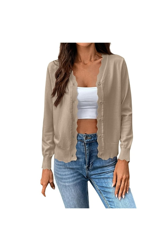 Women's Solid Color Knitted Cardigan Scalloped Edge Button Down Lightweight Cardigan Cropped Casual Outerwear