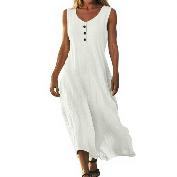 Hvot&aat Women's Solid Color Sleeveless Tank Dress Round Neck Button Down Flowy Dress Casual Lightweight Beach Vacation Clothes