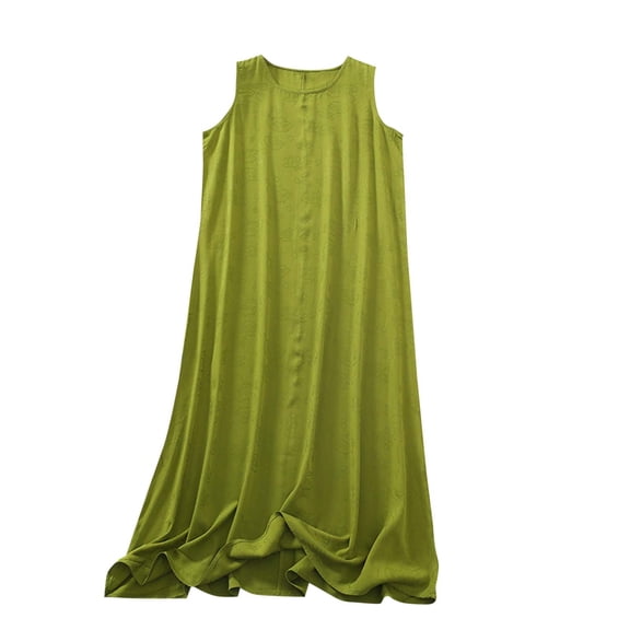 Hvot&aat Women's Solid Color Versatile Sleeveless Dress Summer Casual Round Neck Midi Dress Loose Vacation Tank Dress