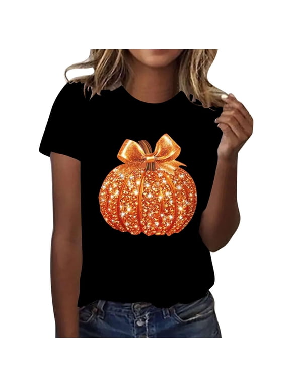 Women's Sparkling Pumpkin Short Sleeve T-Shirt, Bow Print Crewneck Tee, Casual Halloween Thanksgiving Top, Soft Summer Blouse
