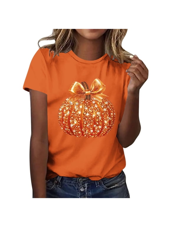Women's Sparkling Pumpkin Short Sleeve T-Shirt, Bow Print Crewneck Tee, Casual Halloween Thanksgiving Top, Soft Summer Blouse