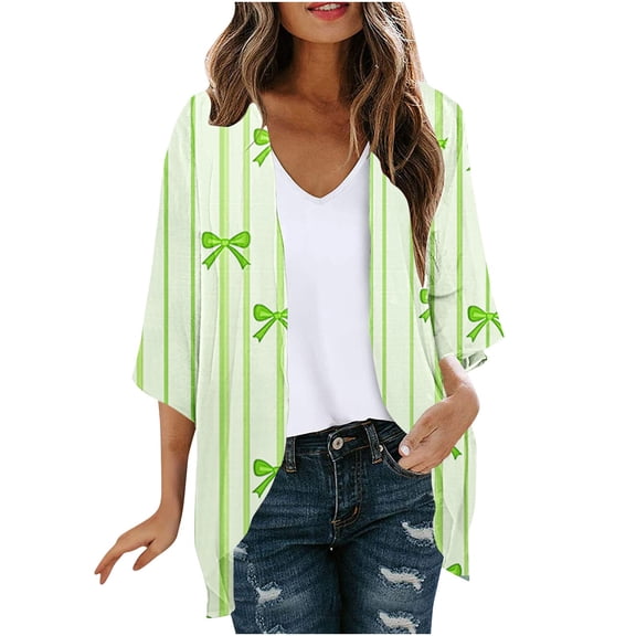 Hvot&aat Women's Spring Summer Chiffon Cardigan Bow Ribbon Print Casual Blouse Hawaii Beach Swimsuit Cover Ups