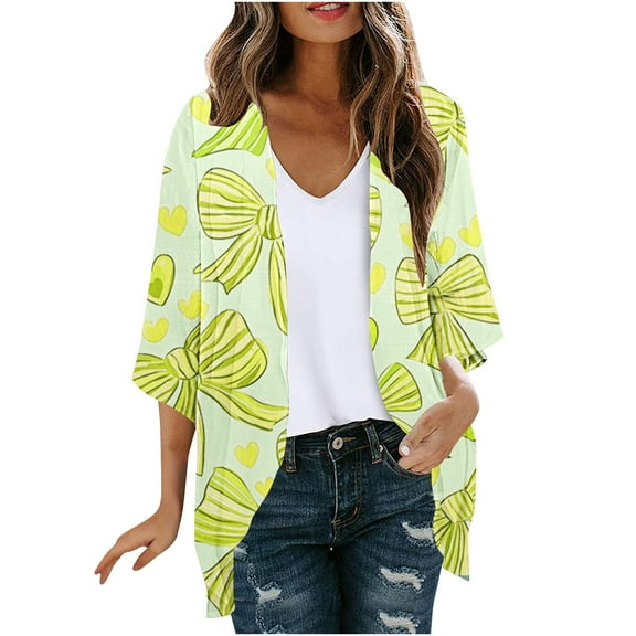 Hvot&aat Women's Spring Summer Chiffon Cardigan Bow Ribbon Print Casual Blouse Hawaii Beach Swimsuit Cover Ups