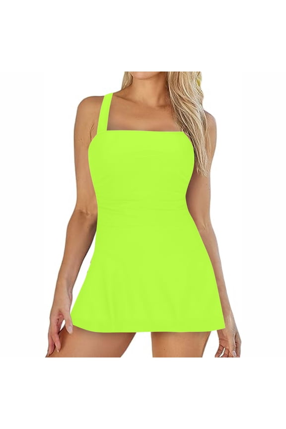 Women's Square Neck Bodice Tankini Adjustable Straps Stretch Flare Mini Swimsuit Solid Color Bathing Suits