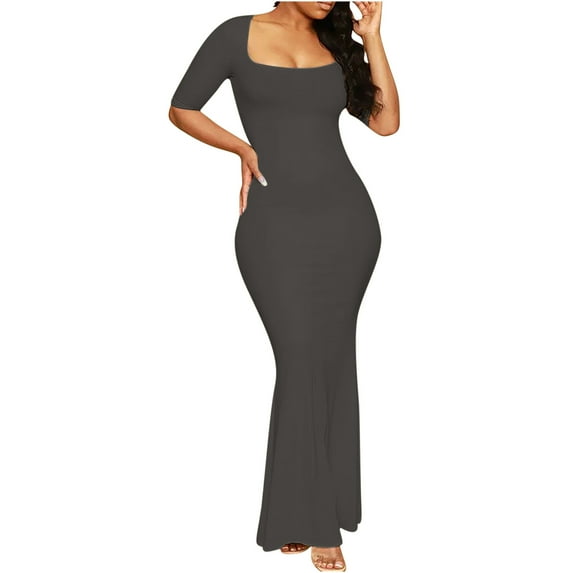 Hvot&aat Women's Square Neck Bodycon Maxi Dress Casual Short Sleeve Solid Color Soft Lounge Slip Dresses