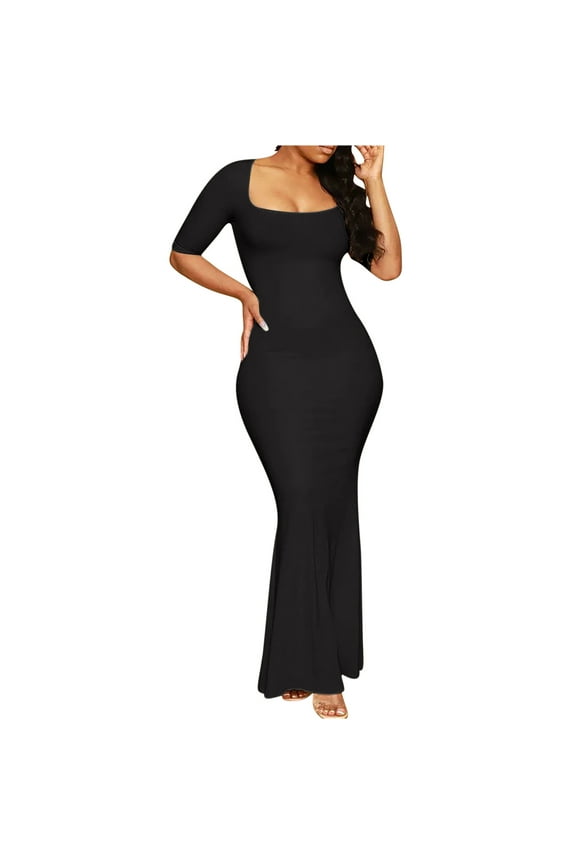 Women's Square Neck Bodycon Maxi Dress Casual Short Sleeve Solid Color Soft Lounge Slip Dresses