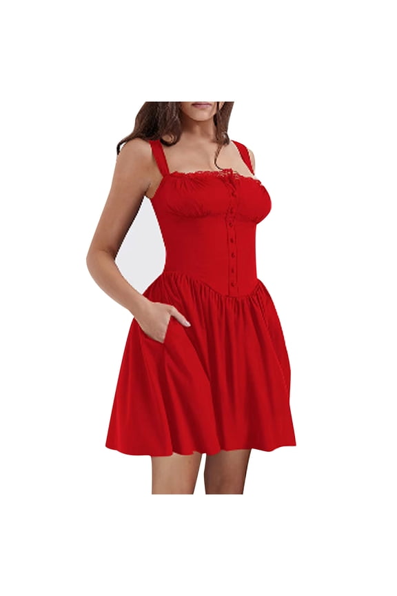 Women's Square Neck Sexy Low Cut Bustier Dress Y2K Spaghetti Strap Backless Going Out Mini Dresses with Pockets