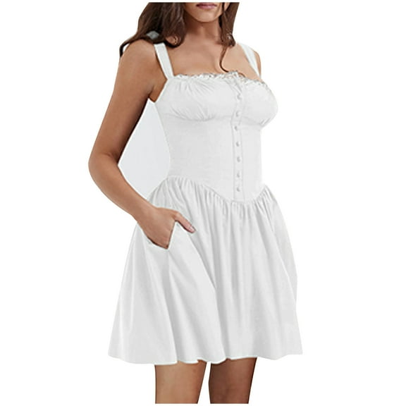 Hvot&aat Women's Square Neck Sexy Low Cut Bustier Dress Y2K Spaghetti Strap Backless Going Out Mini Dresses with Pockets