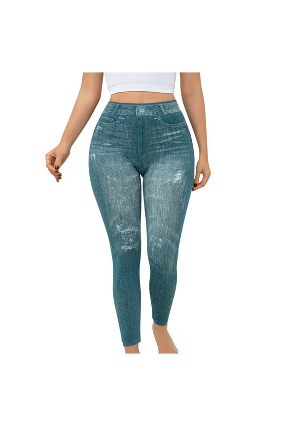 Women's Stretch Jean High Waist Washed Denim Pants Fitness Running Gym Seamless Leggings