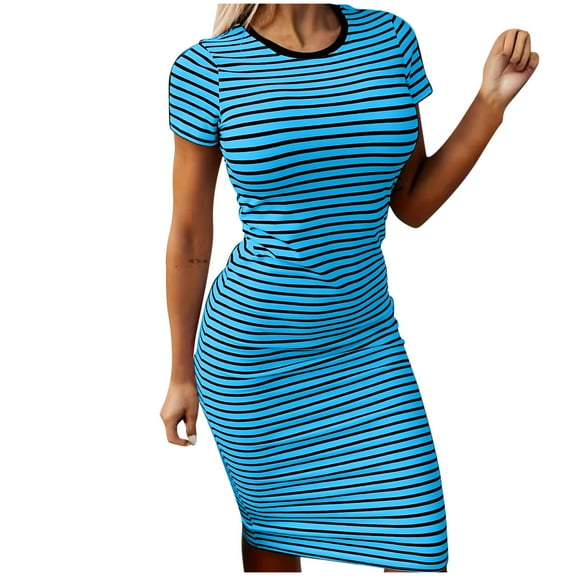 Hvot&aat Women's Stripe Bodycon Dress Short Sleeve Round Neck Slim Fit Dresses Casual Comfortable Pencil Dress