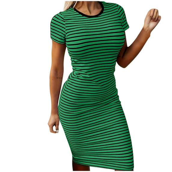Hvot&aat Women's Stripe Bodycon Dress Short Sleeve Round Neck Slim Fit Dresses Casual Comfortable Pencil Dress