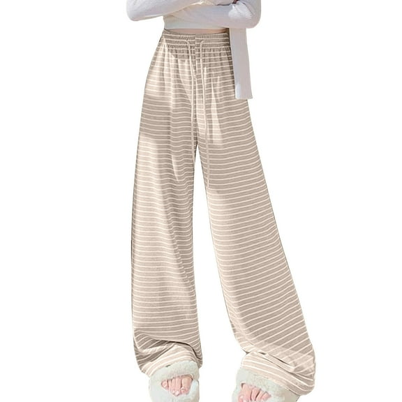 Hvot&aat Women's Striped Wide Leg Long Pants Elastic High Waisted Drawstring Trousers Casual Hanging Pants
