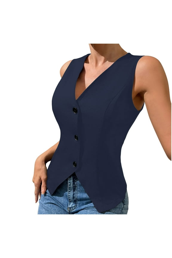 Women's Suit Vest Solid Color Business Button Sleeveless Waistcoat V-Neck Slim Tank Waistcoat Casual Blazer Tops