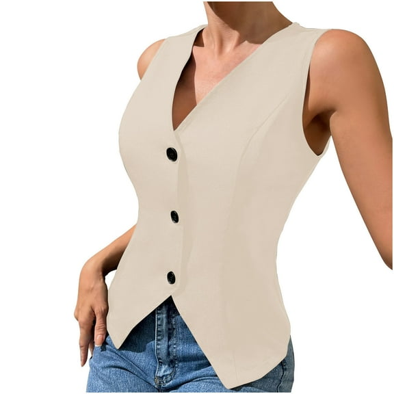 Hvot&aat Women's Suit Vest Solid Color Business Button Sleeveless Waistcoat V-Neck Slim Tank Waistcoat Casual Blazer Tops