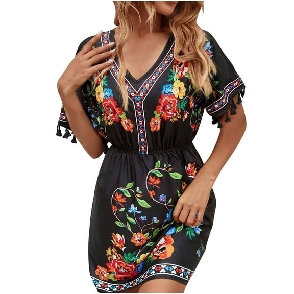 Hvot&aat Women's Summer Bohemian Style Dress Tassel Short Sleeve V Neck Mini Dress Beach Vacation Outfit