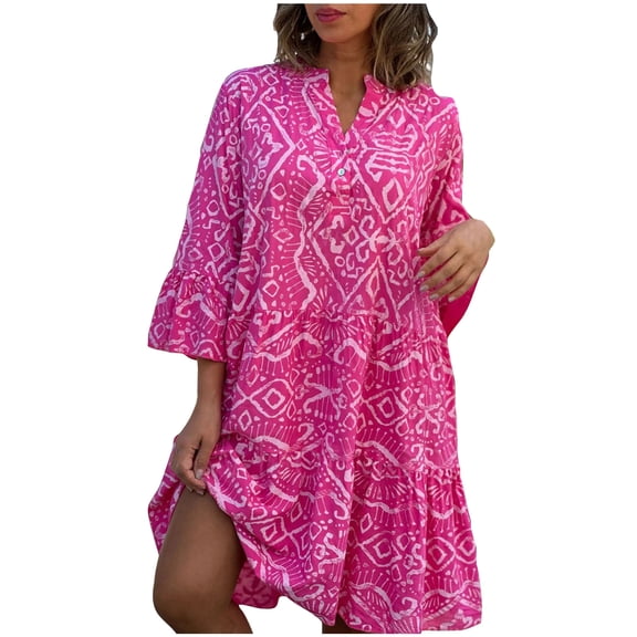 Hvot&aat Women's Summer Boho Dress 3/4 Sleeve Ruffle Print Dresses v Neck Pleated Flowy Swing Knee-Length Sundresses