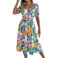 thumbnail image 1 of Hvot&aat Women's Summer Boho Floral Dress Stretch Puff Sleeve Square Neck Empire Waist Dresses A-Line Flowy Vacation Dress, 1 of 4