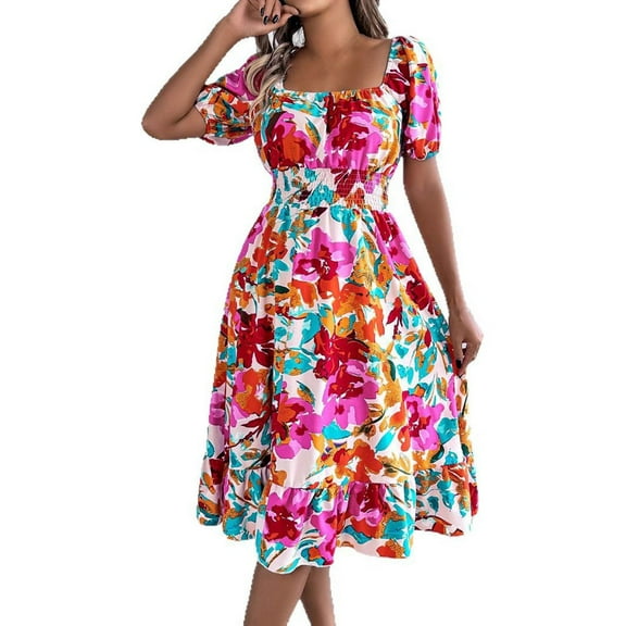 Hvot&aat Women's Summer Boho Floral Dress Stretch Puff Sleeve Square Neck Empire Waist Dresses A-Line Flowy Vacation Dress
