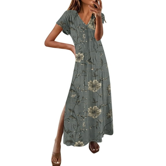 Hvot&aat Women's Summer Boho Maxi Dresses V Neck Short Sleeve Loose Fit Dress Slit Beach Vacation Dresses