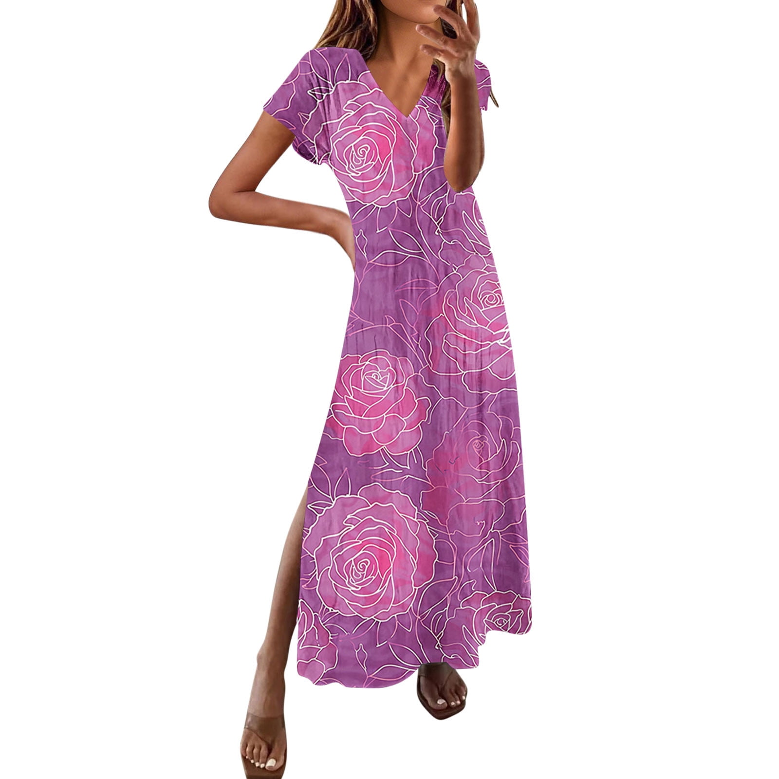 Hvot&aat Women's Summer Boho Maxi Dresses V Neck Short Sleeve Loose Fit Dress Slit Beach Vacation Dresses