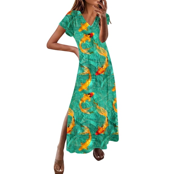 Hvot&aat Women's Summer Boho Maxi Dresses V Neck Short Sleeve Loose Fit Dress Slit Beach Vacation Dresses