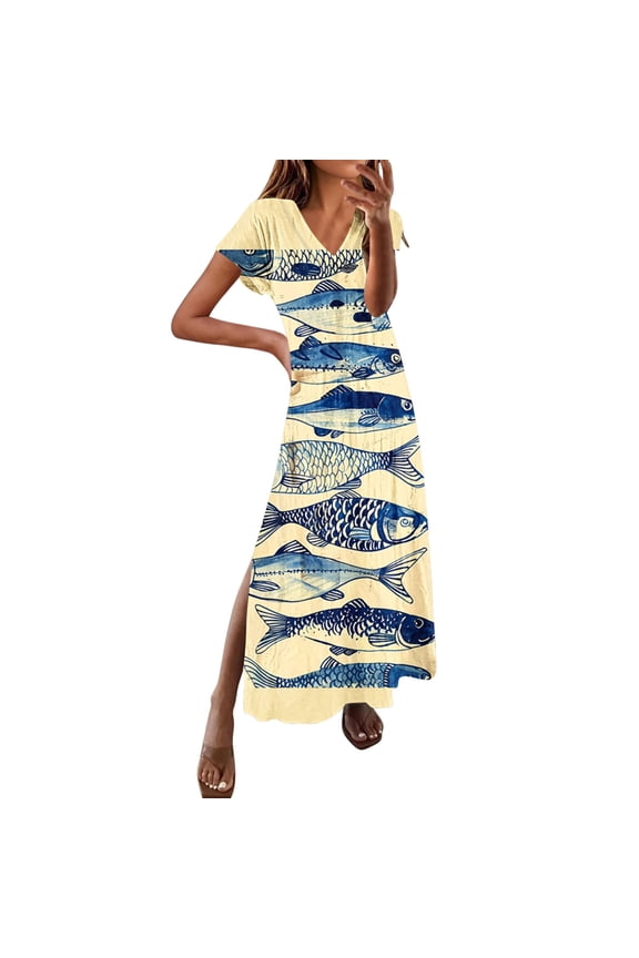 Women's Summer Boho Maxi Dresses V Neck Short Sleeve Loose Fit Dress Slit Beach Vacation Dresses