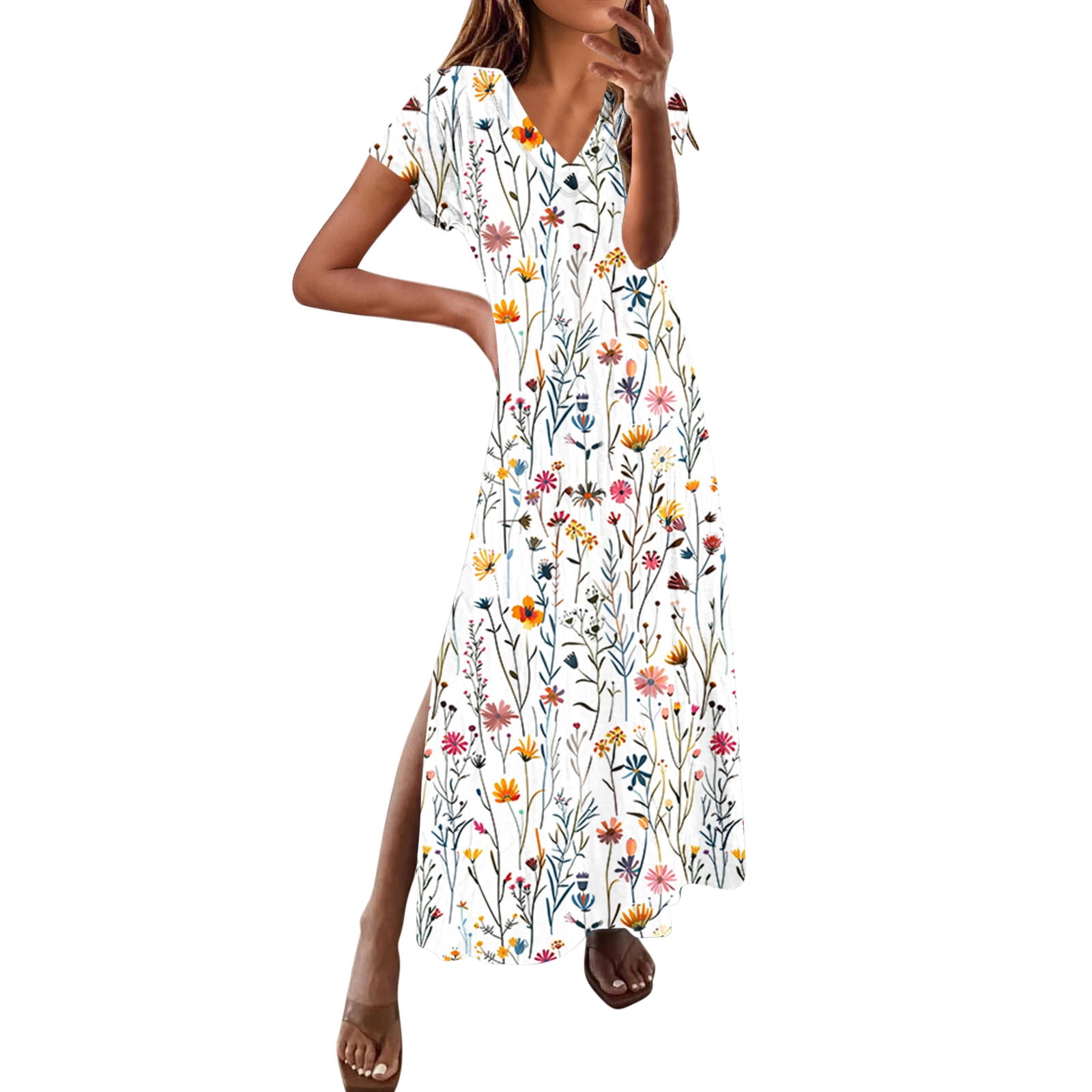 Hvot&aat Women's Summer Boho Maxi Dresses V Neck Short Sleeve Loose Fit Dress Slit Beach Vacation Dresses