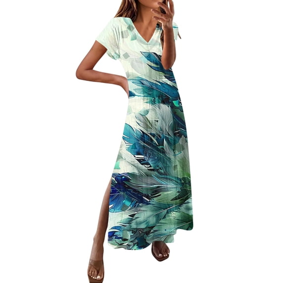 Hvot&aat Women's Summer Boho Maxi Dresses V Neck Short Sleeve Loose Fit Dress Slit Beach Vacation Dresses