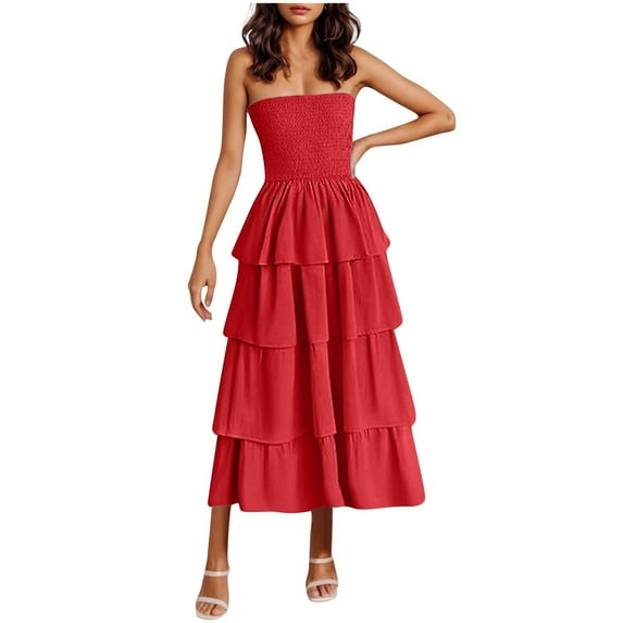 Hvot&aat Women's Summer Boho Off Shoulder Maxi Dress Sleeveless Solid Ruffle Tiered Swing Dress Beach Vacation Dresses