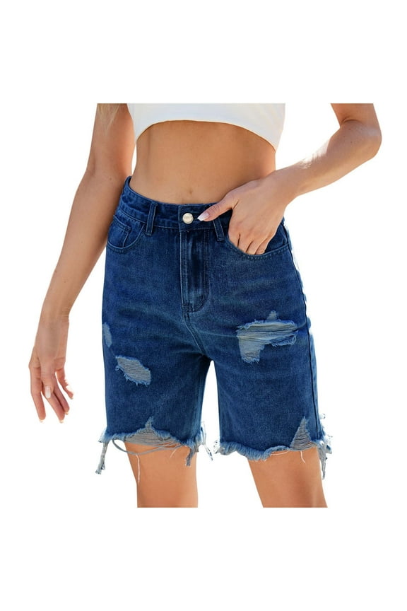 Women's Summer Casual Denim Shorts Mid-Rise Ripped Fringe Straight Jean Shorts Baggy Bermuda Shorts with Pocket