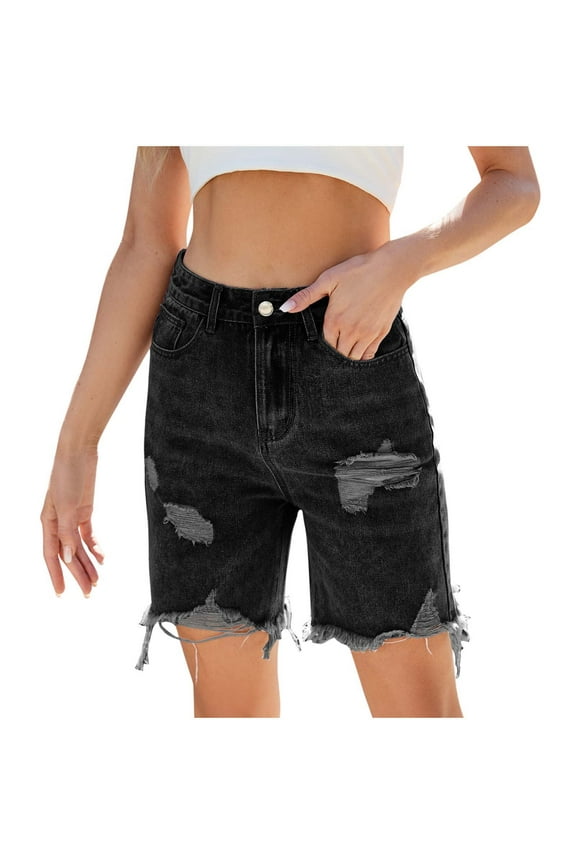 Women's Summer Casual Denim Shorts Mid-Rise Ripped Fringe Straight Jean Shorts Baggy Bermuda Shorts with Pocket