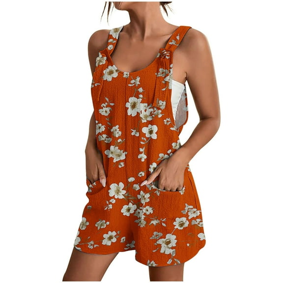 Hvot&aat Women's Summer Casual Loose Rompers Holiday Boho Floral Printing Shorts Fit Adjustable Strap Shorts with Pockets