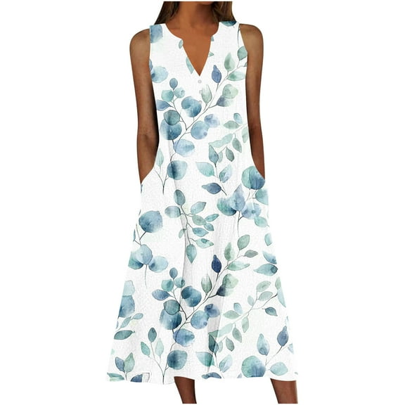 Hvot&aat Women's Summer Casual Sleeveless Beach Dress Notch Neck Button Up Loose Fit Dresses Printing Dress
