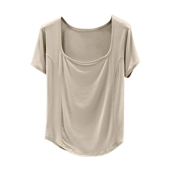 Hvot&aat Women's Summer Casual Yoga T-Shirts Square Collar Straight Shoulder Short Sleeve Tops Solid Color Blouse