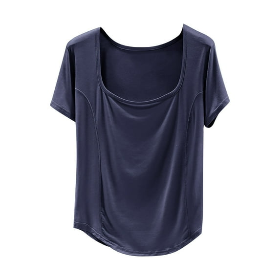 Hvot&aat Women's Summer Casual Yoga T-Shirts Square Collar Straight Shoulder Short Sleeve Tops Solid Color Blouse