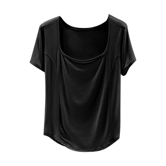 Hvot&aat Women's Summer Casual Yoga T-Shirts Square Collar Straight Shoulder Short Sleeve Tops Solid Color Blouse