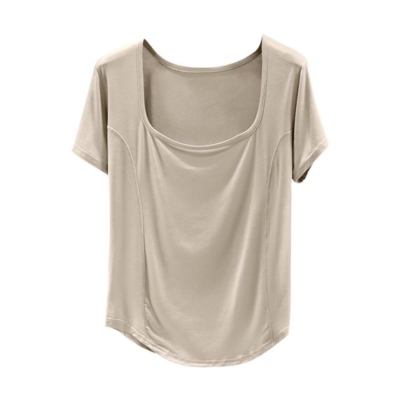 Hvot&aat Women's Summer Casual Yoga T-Shirts Square Collar Straight Shoulder Short Sleeve Tops Solid Color Blouse