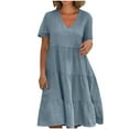 thumbnail image 1 of Hvot&aat Women's Summer Cotton Linen Tiered Dresses 2025 Casual Loose V Neck Short Sleeve Solid Color A-Line Swing Dress, 1 of 6