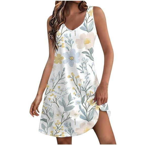 Hvot&aat Women's Summer Fashion Printing Dress Sleeveless V Neck Tank Dresses Boho Beach Sundress with Pockets