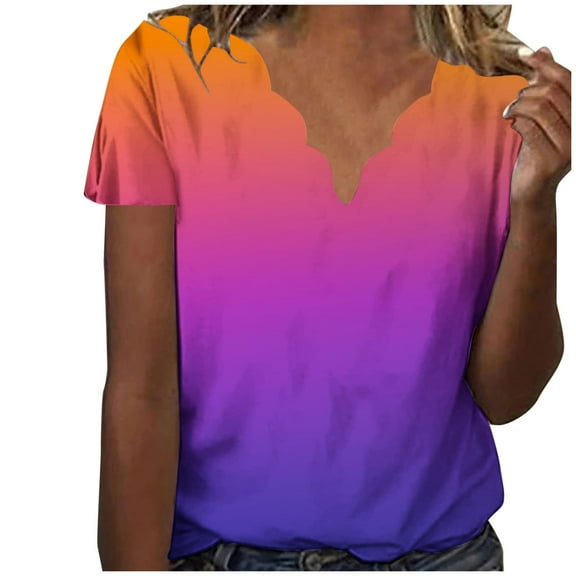 Hvot&aat Women's Summer Fashion Seashell Edge V Neck T-Shirts Petal Short Sleeve Gradient Tops Casual Vacation Outfits