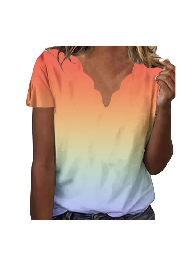 Women's Summer Fashion Seashell Edge V Neck T-Shirts Petal Short Sleeve Gradient Tops Casual Vacation Outfits