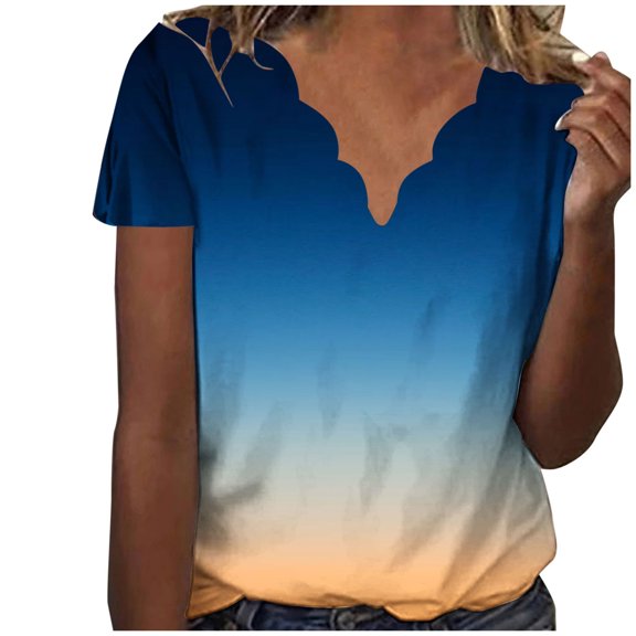 Hvot&aat Women's Summer Fashion Seashell Edge V Neck T-Shirts Petal Short Sleeve Gradient Tops Casual Vacation Outfits