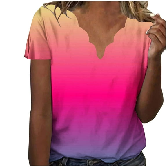 Hvot&aat Women's Summer Fashion Seashell Edge V Neck T-Shirts Petal Short Sleeve Gradient Tops Casual Vacation Outfits