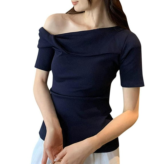 Hvot&aat Women's Summer Fashion Sloping Shoulder Tops Solid Color Slim Fit Short Sleeve Blouse Y2K Shirt