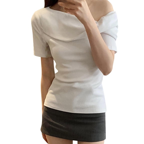 Hvot&aat Women's Summer Fashion Sloping Shoulder Tops Solid Color Slim Fit Short Sleeve Blouse Y2K Shirt