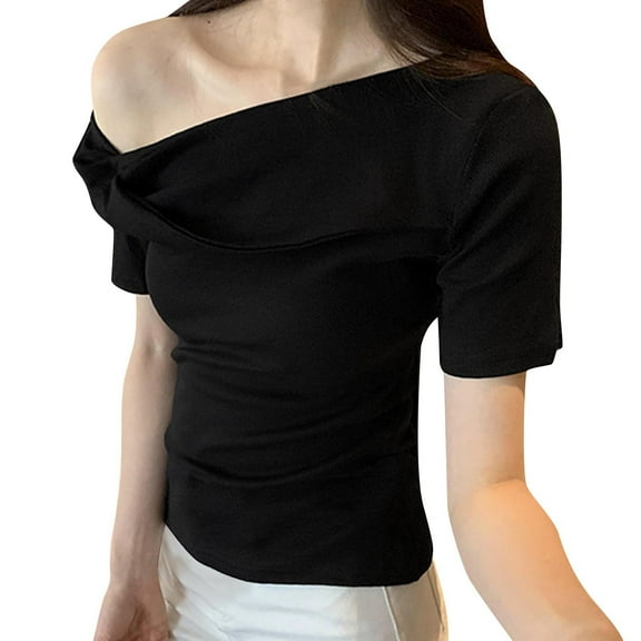 Hvot&aat Women's Summer Fashion Sloping Shoulder Tops Solid Color Slim Fit Short Sleeve Blouse Y2K Shirt