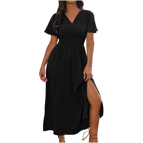 Hvot&aat Women's Summer Flutter Sleeve V Neck Dress Elastic Waist Pleated Slit Dresses Elegant Flowy Long Dress