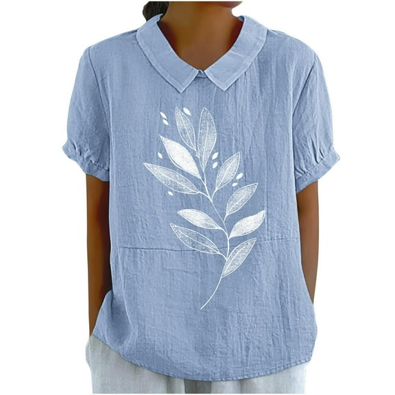 Hvot&aat Women's Summer Lightweight T-Shirt Cute Peter Pan Collar Short Sleeve Tunic Tops Casual Cropped Print Blouses