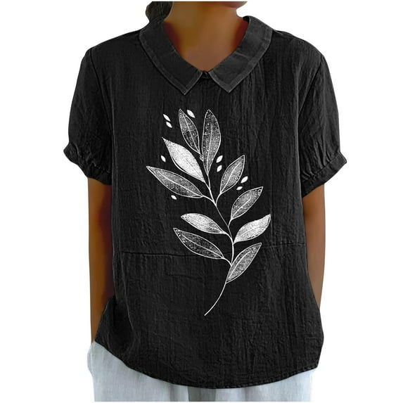 Hvot&aat Women's Summer Lightweight T-Shirt Cute Peter Pan Collar Short Sleeve Tunic Tops Casual Cropped Print Blouses