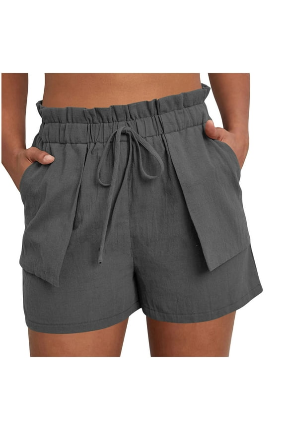 Women's Summer Linen Shorts Ruffles Drawstring Elastic Waist Shorts Pocket Outward Turned Beach Shorts